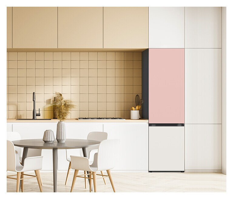 It shows mist beige color LG Bottom Freezer Objet Collection is placed in the kitchen that matches naturally to the furniture around.