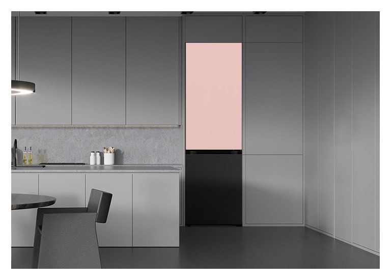 It shows black mirror color LG Bottom Freezer Objet Collection is placed in a dark-tone modern kitchen.