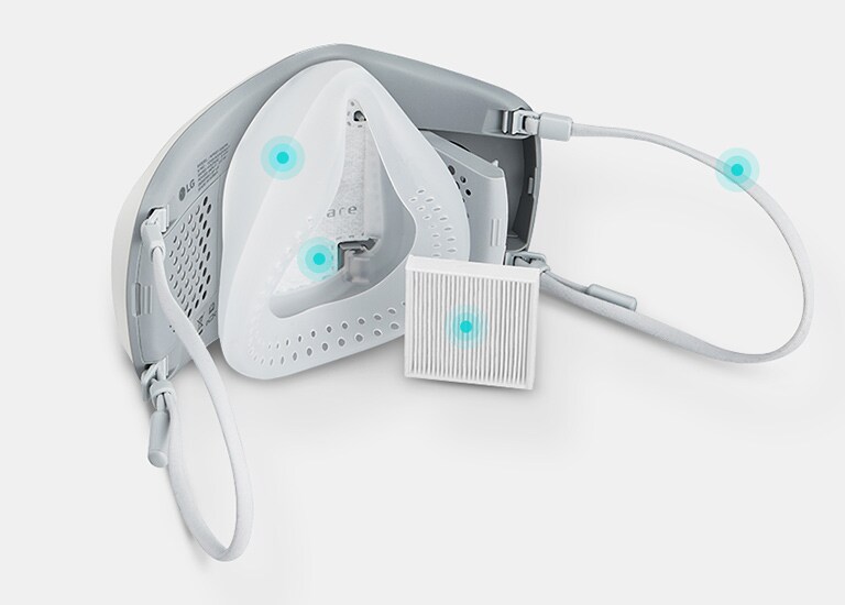 Terdapat beberapa bagian pada Wearable Air Purifier yang dapat dilepas pasang untuk memberikan performa udara bersih seperti filter, face guard, inner cover dan tali pengait telinga