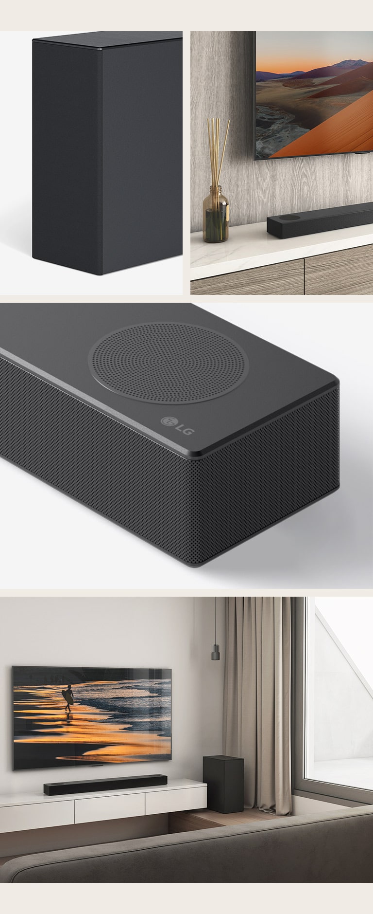 Dari kiri, gambar speaker belakang, Close up TV LG, menunjukkan dudukan pada layar dan LG Sound Bar di bawah. Di sebelah kanan, Searah jarum jam dari atas ke bawah: close-up LG Sound Bar. TV LG, menunjukkan pantai saat matahari terbenam, dan LG Sound Bar, speaker belakang ditempatkan di ruang tamu.