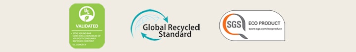 Dari kiri UL VALIDATED (logo), Standar Daur Ulang Global (logo), SGS ECO PRODUCT (logo) ditampilkan.