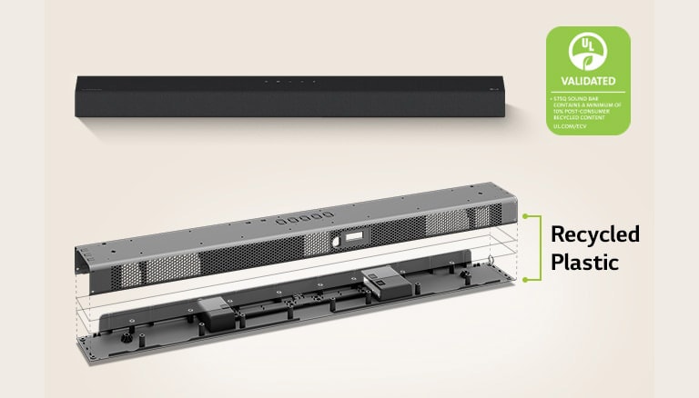 Terdapat tampilan depan sound bar di belakang dan gambar bingkai logam sound bar di depan.