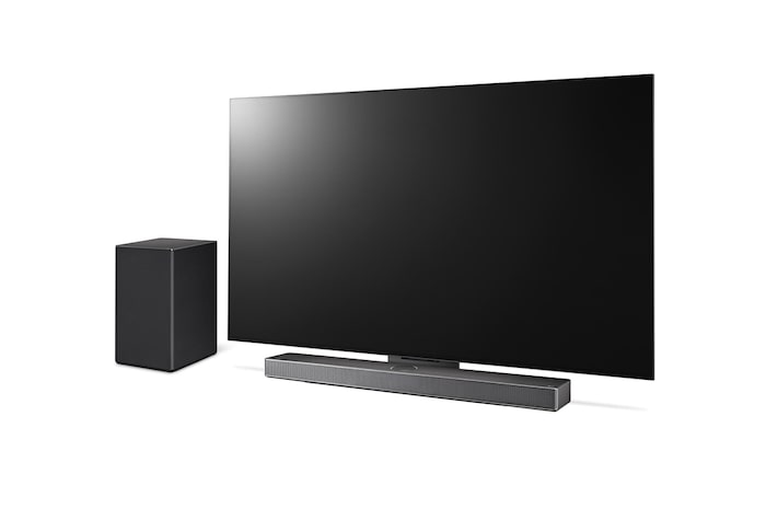 45 degree side angle view of Sound Bar, LG TV, and subwoofer