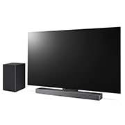 45 degree side angle view of Sound Bar, LG TV, and subwoofer