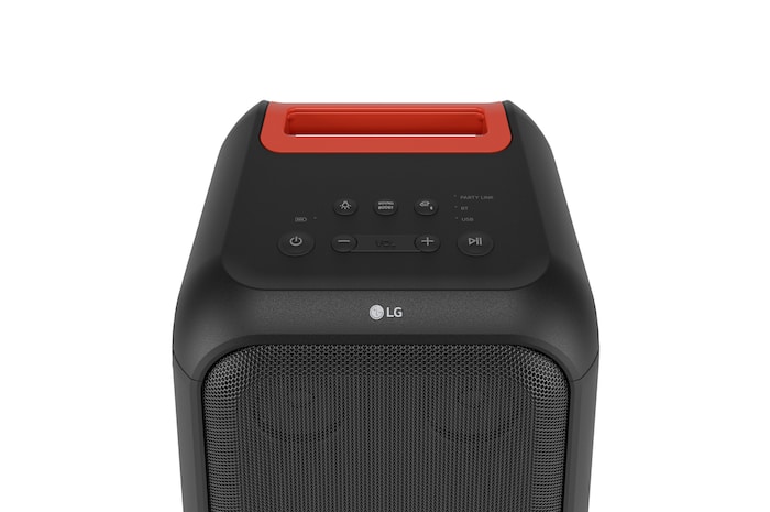 Close up of speaker top. It shows buttons and LG logo.