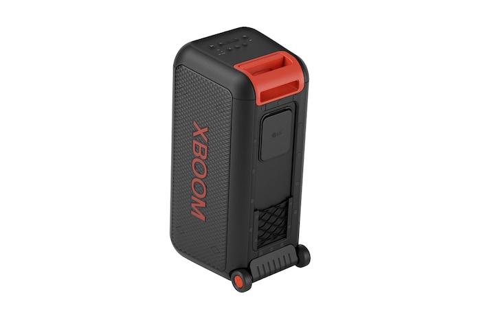 45-degree angle of back view. Showing buttons and a telescopic handle, and wheels.