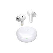 Gambar dengan earbud melayang di atas dudukan tertutup.