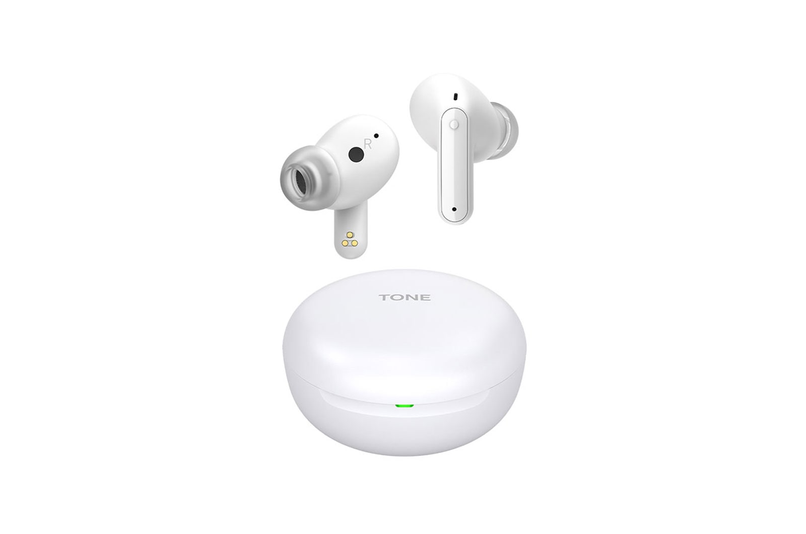 Gambar dengan earbud melayang di atas dudukan tertutup.
