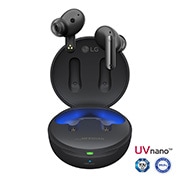 Gambar dengan earbud melayang di atas dudukan terbuka.