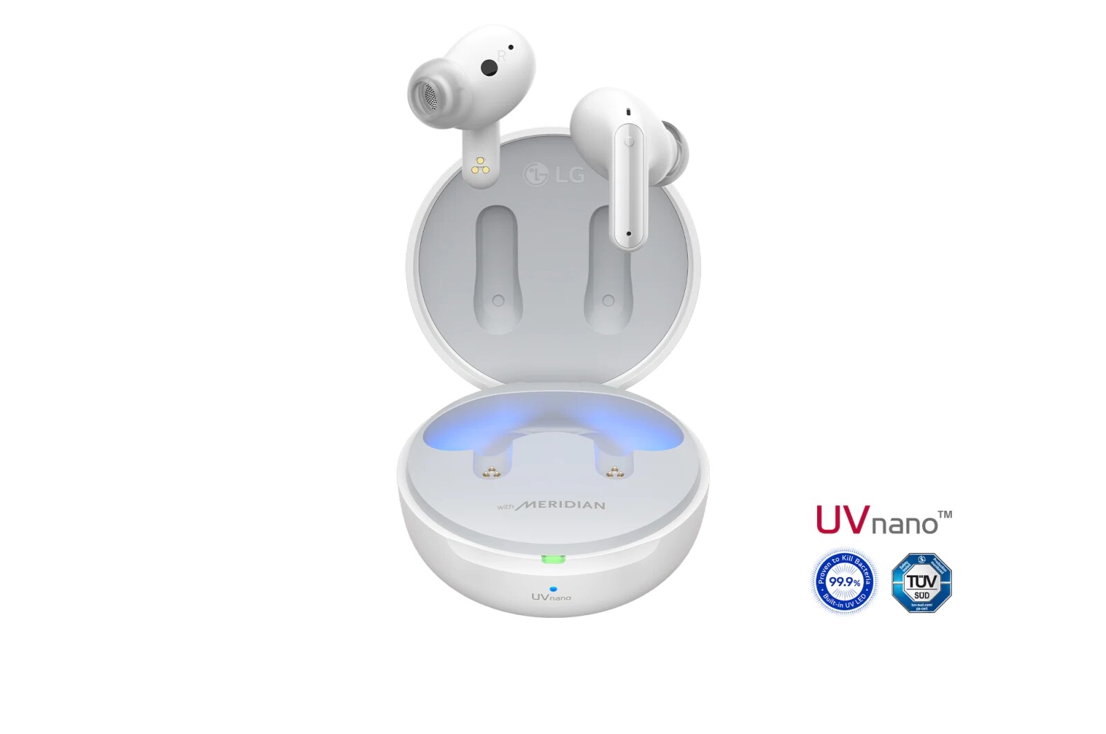 Gambar dengan earbud melayang di atas dudukan terbuka.