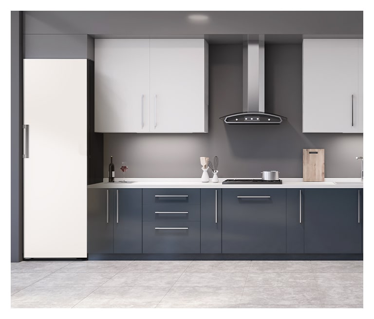 It shows mist beige color LG Larder Objet Collection is placed in a dark-tone modern kitchen.