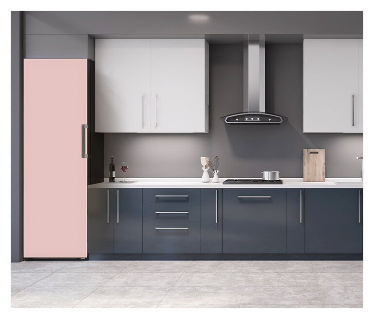 It shows mist beige color LG Freezer Objet Collection is placed in a dark-tone modern kitchen.