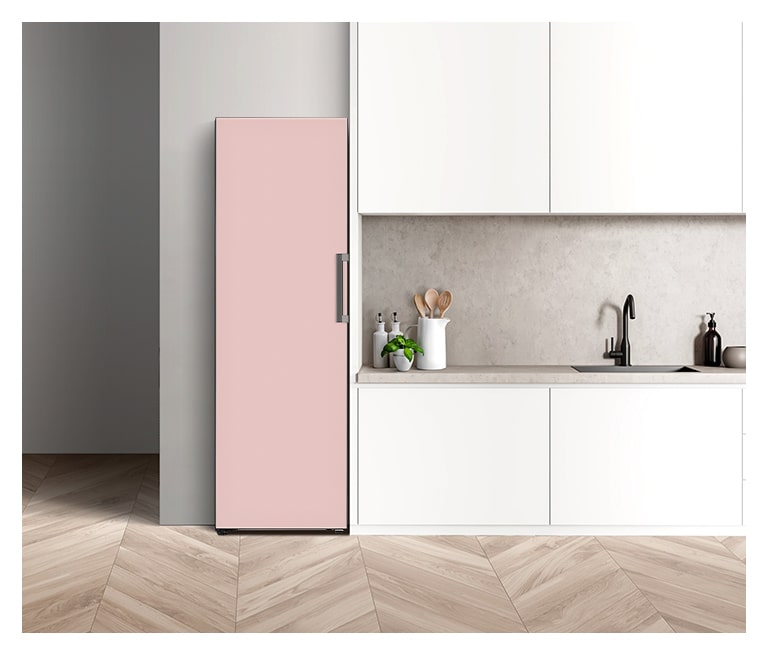 It shows mist beige color LG Freezer Objet Collection is placed in a dark-tone modern kitchen.