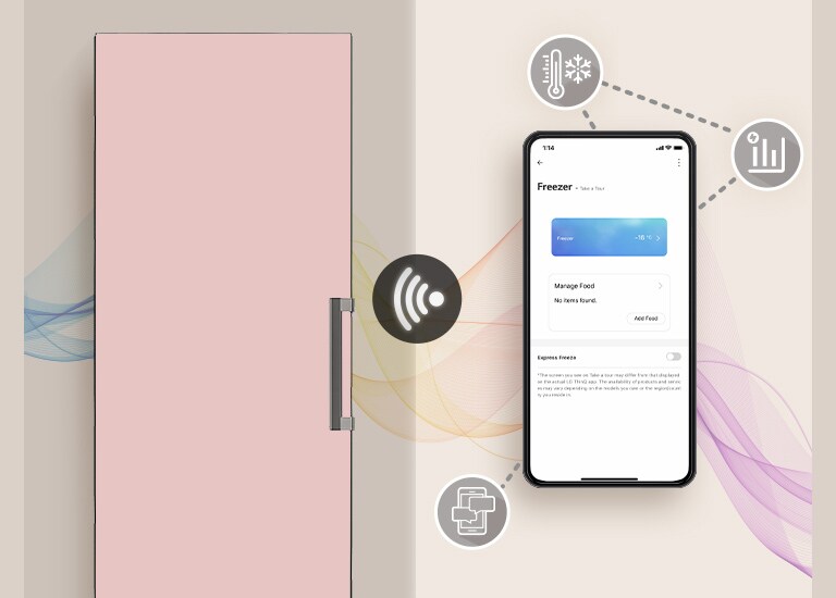 Gambar ini menunjukkan ponsel dengan layar Larder dan ThinQ. Di sekitar ponsel, ikon yang memperkenalkan fungsi ThinQ ditampilkan.