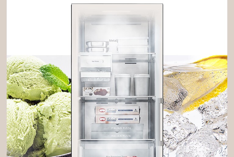 Bagian dalam produk transparan, udara dingin keluar, dan es batu serta es krim yang belum meleleh ditampilkan di sebelah gambar produk.