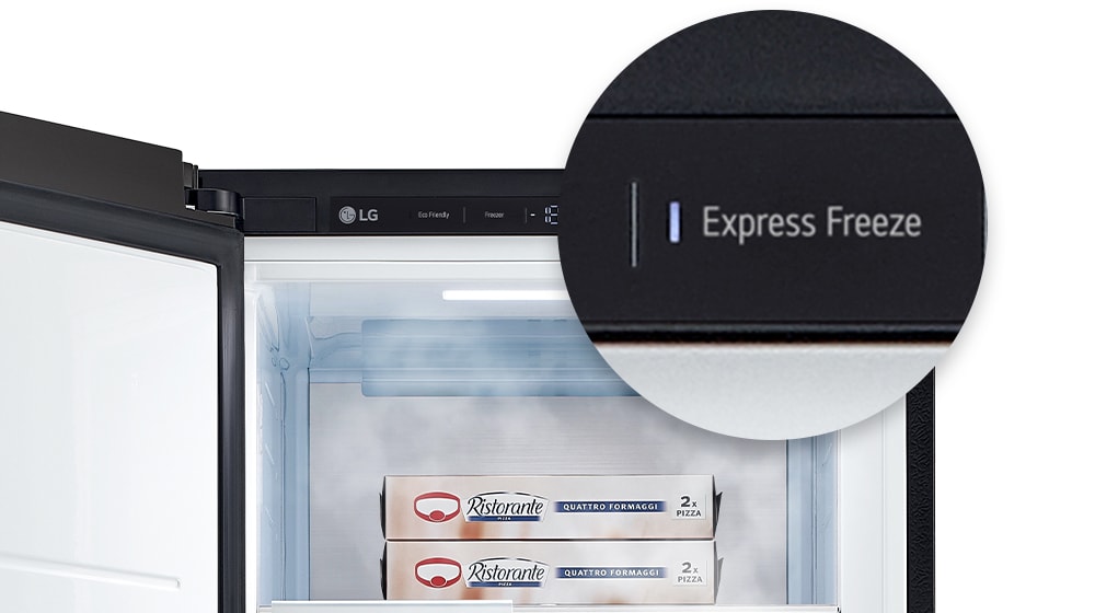 Tombol Express Freeze diperbesar dan disorot, dan udara dingin keluar dari dalam.