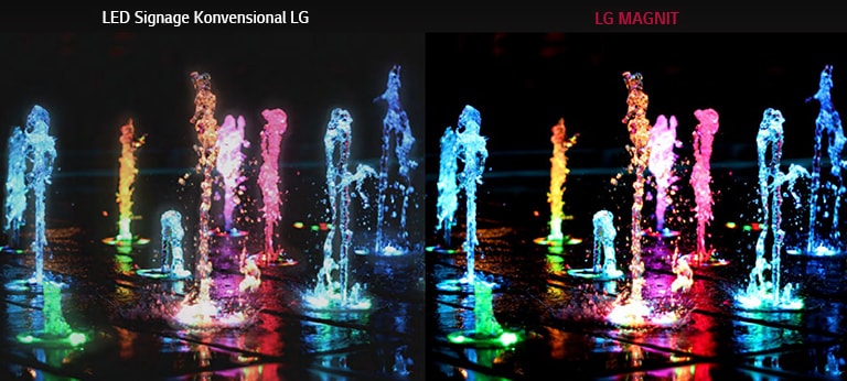 Air mancur di lantai dengan berbagai warna untuk menunjukkan perbedaan antara LED Signage konvensional LG dan LG MAGNIT terkait contrast ratio dan perbedaan