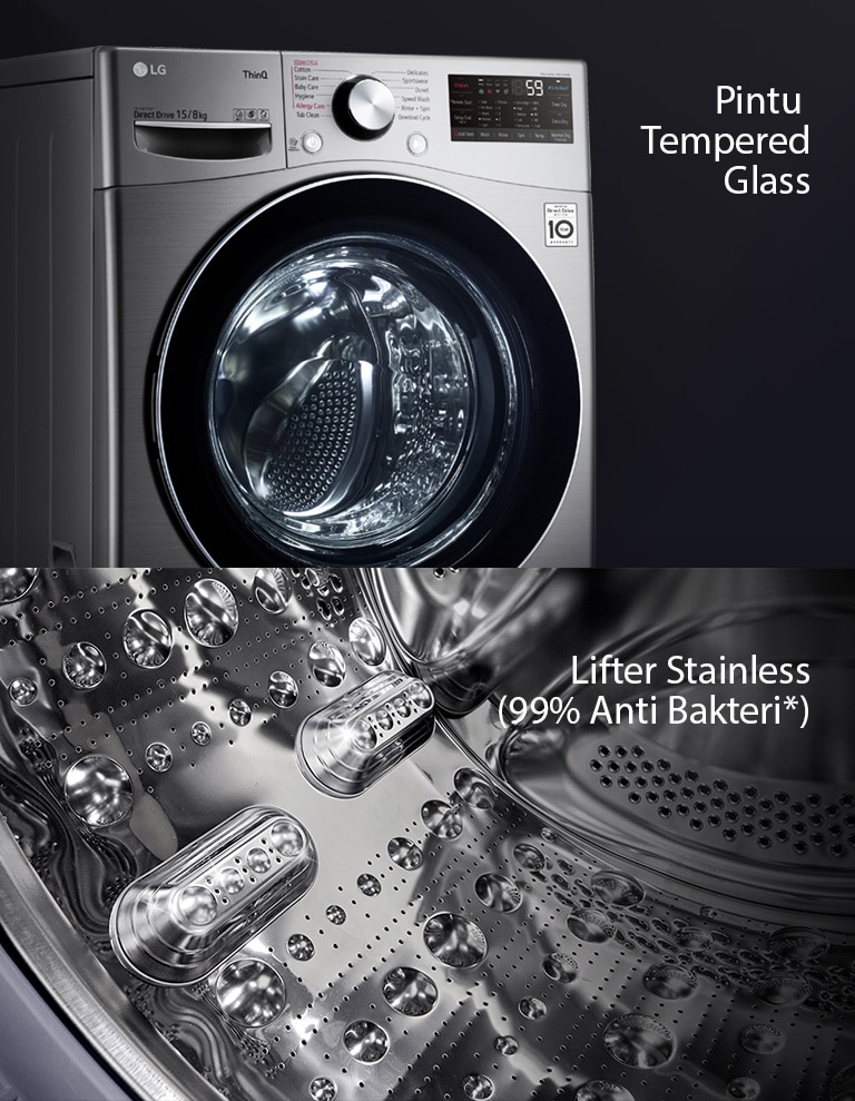 Satu gambar menunjukkan bagian pencuci pada mesin cuci front load yang berfokus pada pintu kaca yang diperkuat. Gambar kedua menunjukkan bagian dalam tabung dengan fokus pada desain stainless steel.