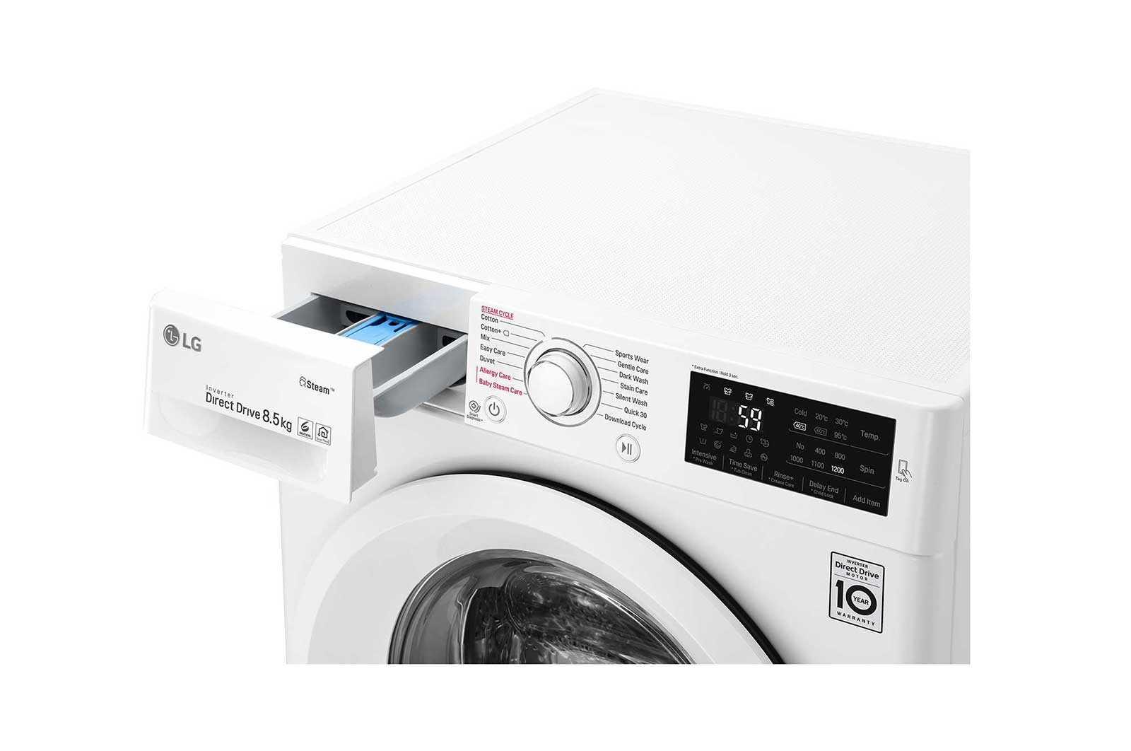 LG Mesin Cuci LG 8.5kg, Front Loading 6Motion DD dengan Smart Diagnosis™ - Putih, FC1285S5W