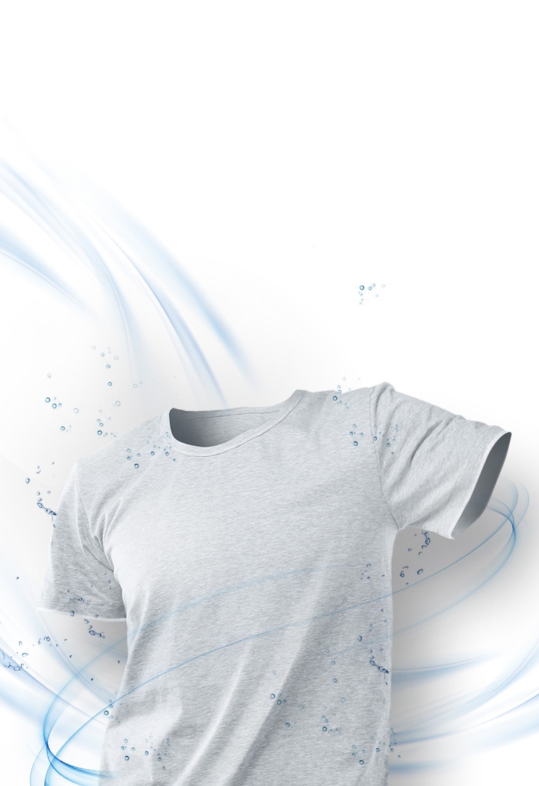 Kaos abu-abu mengapung dengan latar belakang aliran air biru dan percikan, menggambarkan teknologi pencucian LG.