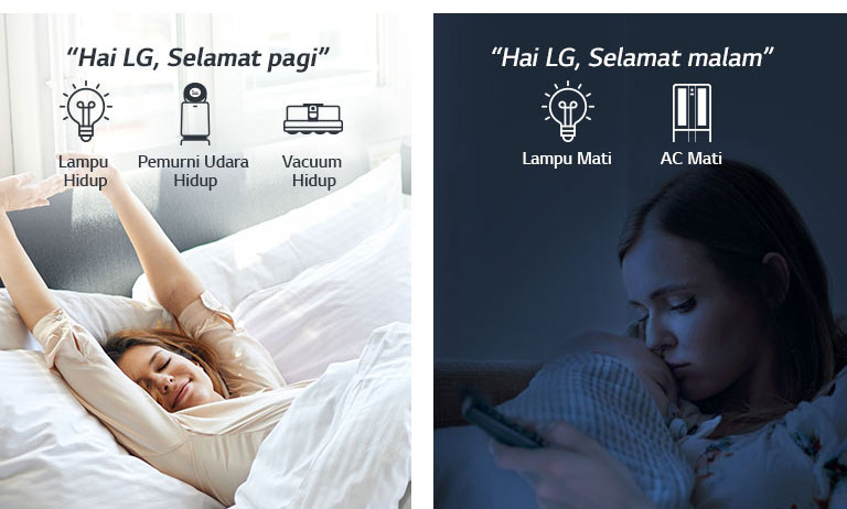 Seorang perempuan di tempat tidur bangun di pagi hari (kiri) dan dengan bayi di malam hari (kanan)