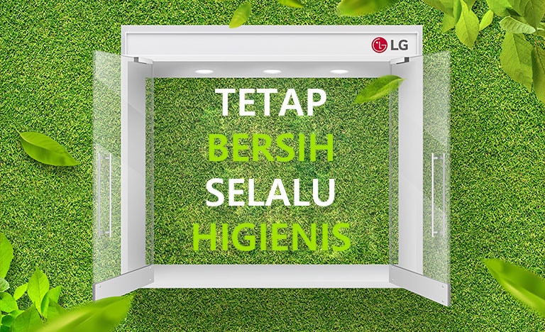 Kata "jaga kebersihan tetap higienis" di depan backdrop hijau