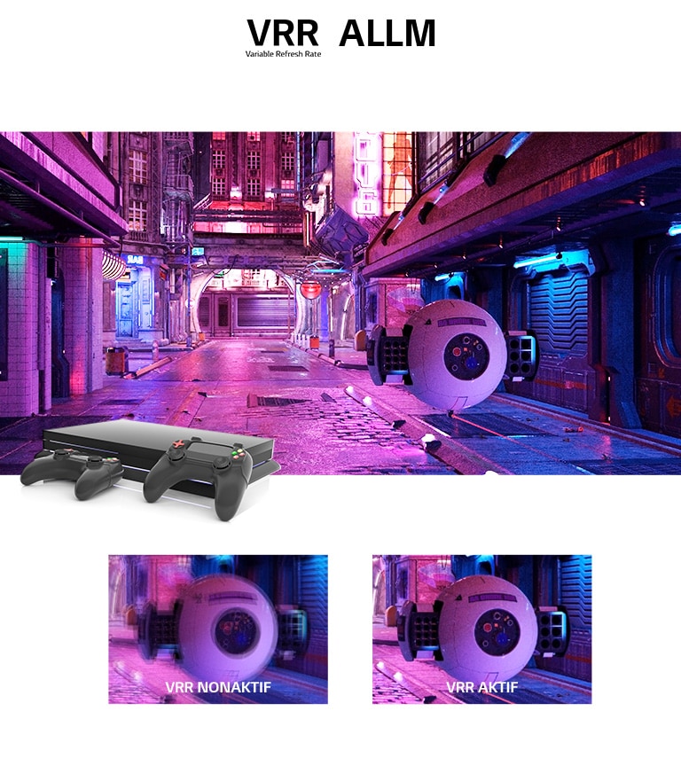 Gambar jalanan bercahaya pink dengan pesawat robot futuristik dan konsol game di bagian atas. Di bawah dua close-up pesawat robot, sebelah kiri yang buram menunjukkan VRR tidak aktif dan sebelah kanan yang tajam menunjukkan gambar dengan VRR.
