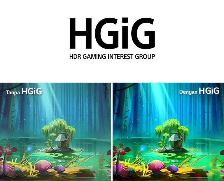 Gambar animasi, rumah kecil dan pohon di gundukan tengah kolam dikelilingi pohon-pohon tinggi yang gundul, dengan teks 'With HGIG' di kanan atas tampak lebih cerah dan lebih baik dibandingkan kualitas gambar tanpa HGiG.