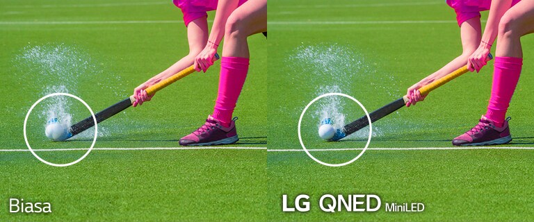 Dua gambar identik dari pemain hoki yang sedang memukul bola di lapangan yang tergenang air. Gambar kiri menunjukkan tampilannya pada LCD TV biasa dan gambar kanan pada LG QNED MiniLED.