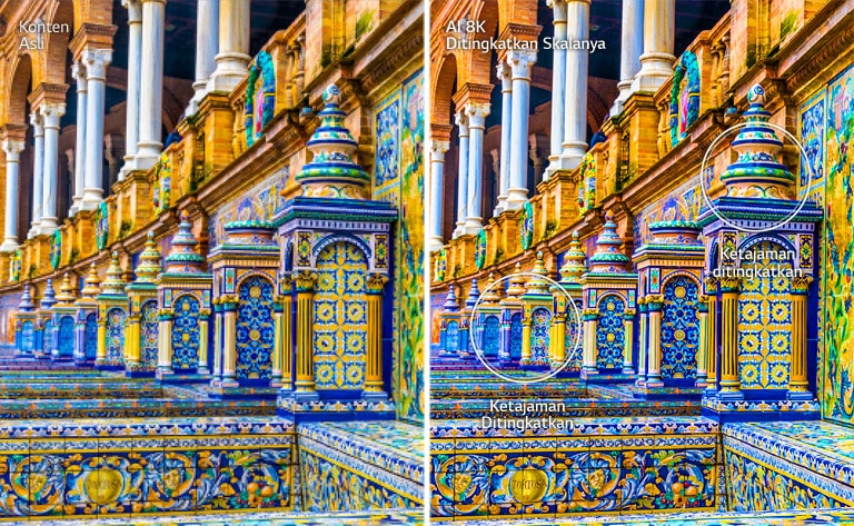 Gambar berdampingan bangunan mosaik berwarna cerah. Sebelah kanan menunjukkan yang asli dan sebelah kini menunjukkan gambar setelah peningkatan skala AI 8K dengan detail dan ketajaman yang ditingkatkan.