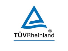 Logo TUV Rheinland pada latar warna putih. Lima titik pada bagian bawah menunjukkan adanya materi karousel. Titik pertama berwarna merah menunjukkan sebagai materi pertama dari lima gambar