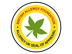 Logo British Allergy Foundation pada latar warna putih. Lima titik pada bagian bawah menunjukkan adanya materi karousel. Titik ke-lima berwarna merah menunjukkan sebagai materi ke-lima dari lima gambar