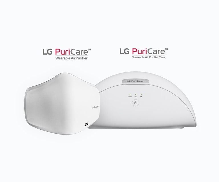LG PuriCare™ Wearable Air Purifier dan LG PuriCare Wearable Mask Case diletakkan bersebelahan