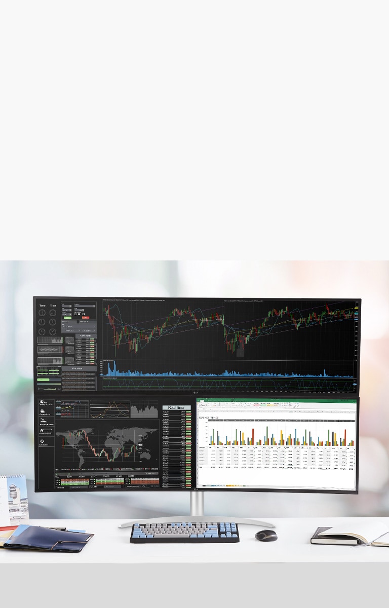 Menunjukkan dua monitor 49WQ95C yang disusun.