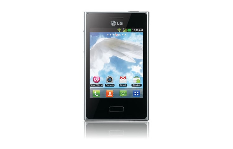 Front view of LG Optimus L3 hadir dengan layar sentuh 3,2&#34; yang lebih besar, OS Android v2,3 Gingerbread dan baterai yang tahan lama E400