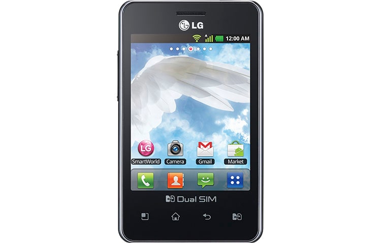 Front view of LG Optimus L3 Dual. Sekarang Anda bisa beraktivitas dengan nyaman dan gaya karena ponsel LG Optimus L3 Dual tidak hanya pas digenggaman, tapi juga serasi dengan pakaian apapun yang kamu kenakan. E405