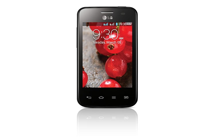 Front view of LG Optimus L3 II Dual. Smartphone LG dengan fitur terbaru juga desain yang inspiratif dan kecerdasan intuitif. E435