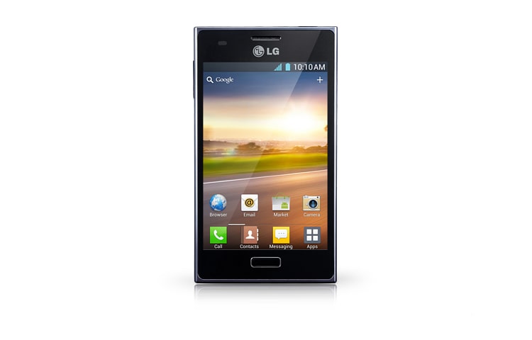 Front view of LG Optimus L5. Anda dapat melihat segala sesuatu yang anda sukai dengan tampilan 4.0” yang luas. Layar yang lebih besar memberikan mata Anda ruang lebih luas untuk melihat sehingga membaca menjadi lebih nyaman. E612