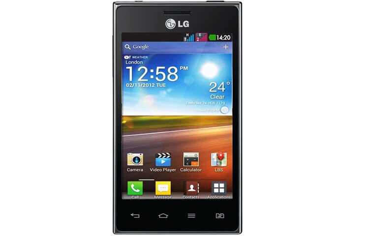 Front view of LG Optimus L5 Dual. Membolak-balikkan kehidupan professional dengan kehidupan pribadi Anda sekarang semudah menekan tombol. Dual SIM Hotkey memberikan kemudahan dalam menyeimbangkan dua kepentingan hidup Anda yang berbeda. E615