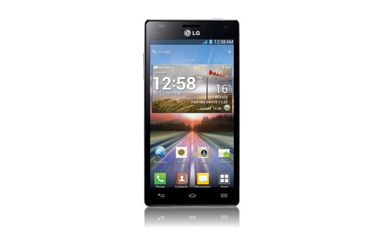 Front view of LG Optimus 4X dengan Quad Core Processor, Layar 4.7&#34; True HD IPS dan Baterai Sio&#43; 2150 mAh siap untuk mendukung segala aktivitas Anda dengan Performa Maksimal. P880