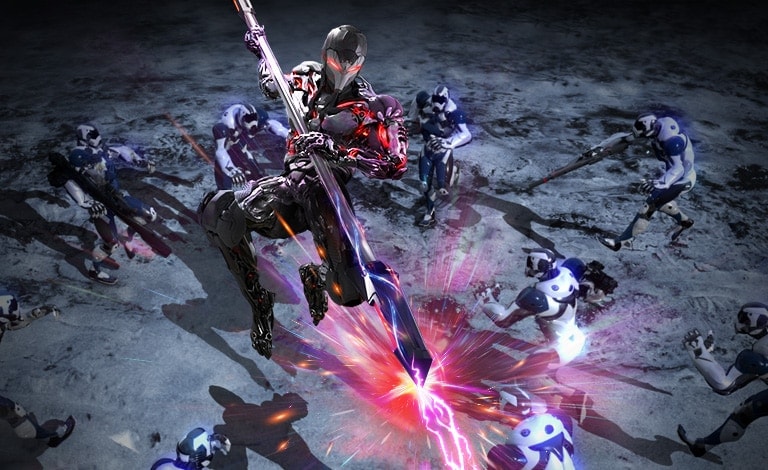 Karakter utama UltraGear sedang memegang sebuah tombak panjang. Ekspresikan gerakan dinamis dengan warna yang hidup.