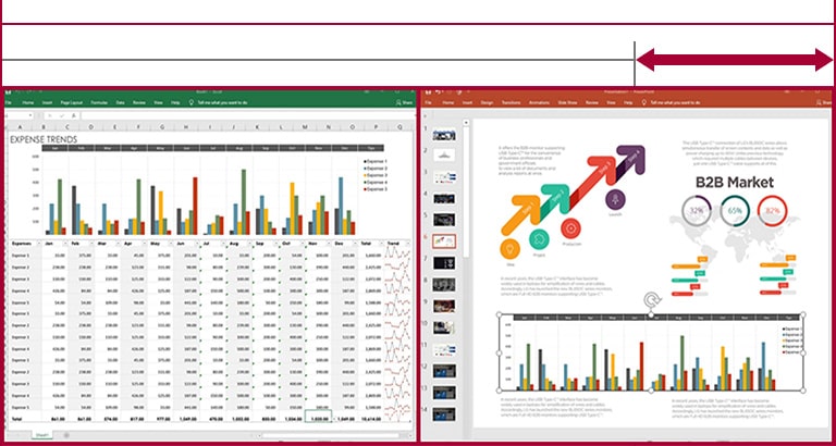 Gambar layar 21:9 UltraWide menampilkan datasheets dan slide berdampingan, sementara layar 16:9 tidak dapat melakukannya karena terbatasnya bentang layar.