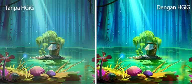 Sebuah gambar animasi, rumah kecil dan pohon di lahan kecil yang berada di tengah kolam dikelilingi pepohonan tinggi dan gundul. Bersama tulisan 'With HGIG' di sebelah kanan atas lebih cerah dan kualitas gambar lebih baik dibandingkan dengan yang tanpa HGiG.