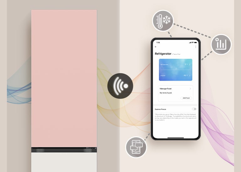 This image shows a Bottom Freezer and a mobile phone with ThinQ screen. Around the mobile phone, icons that introduce ThinQ functions are displayed.