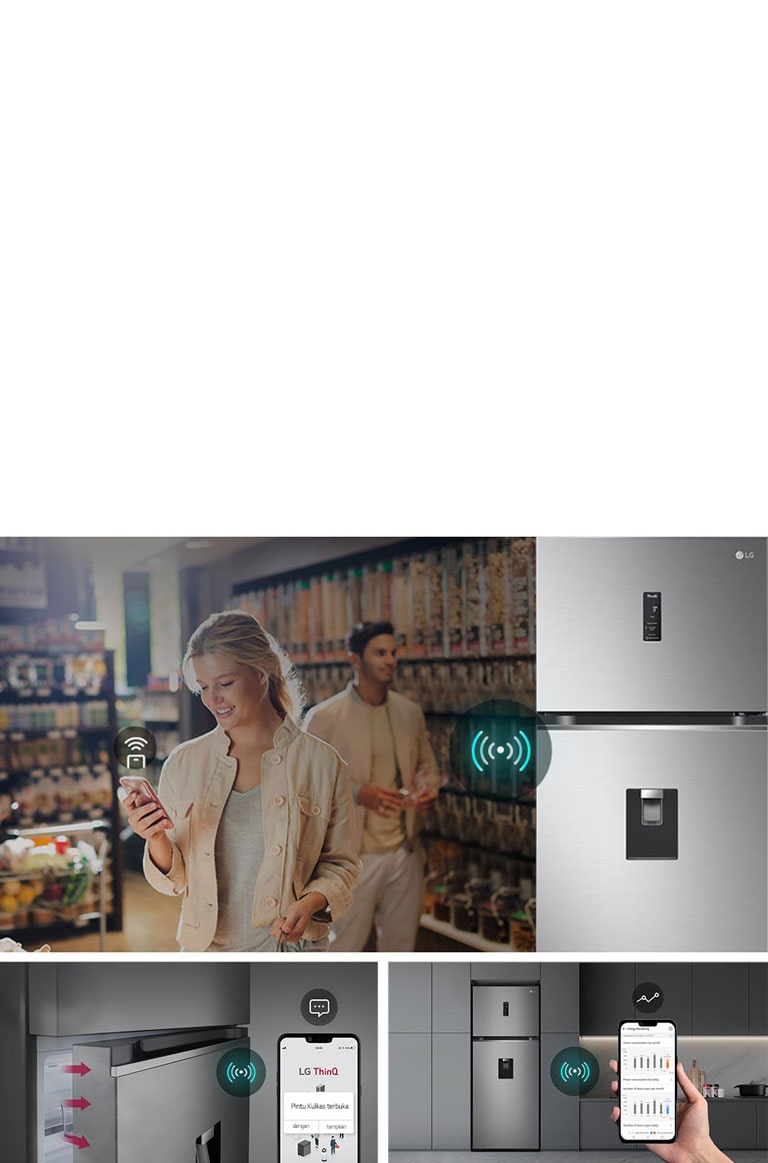 Kombinasi gambar menjelaskan fungsi remote control Wi-Fi, smart alert pintu kulkas terbuka, dan pantauan status aplikasi.