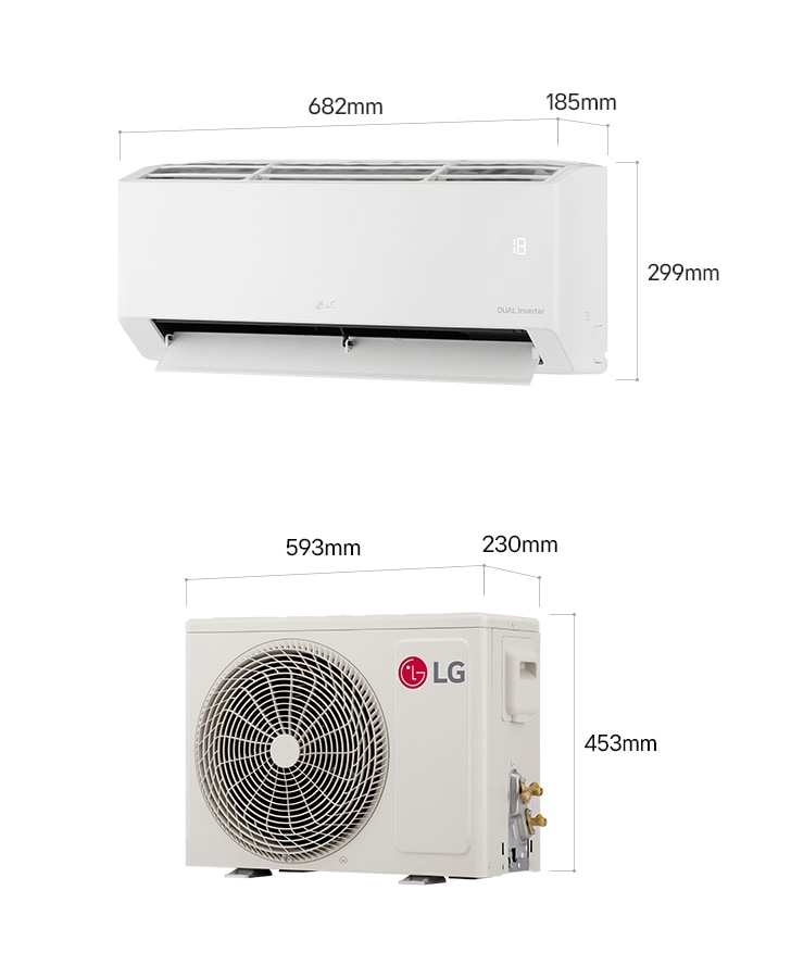 Product dimensions for LG Inverter Premium air conditioner: 682×299×185 mm(indoor unit) and 593x453x230 mm(outdoor unit).