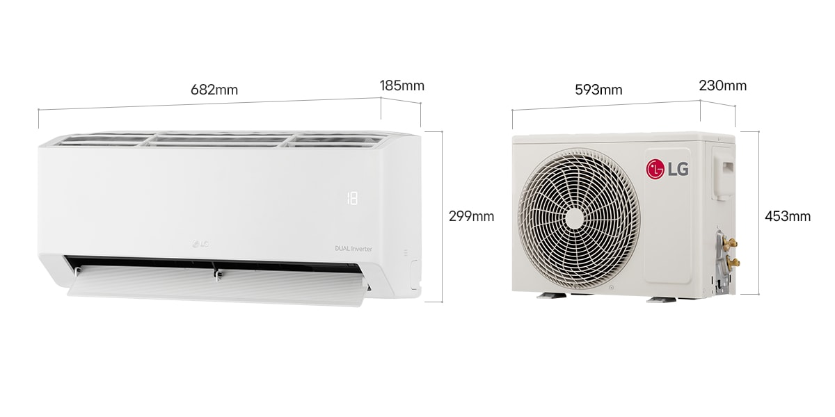 Product dimensions for LG Inverter Premium air conditioner: 682×299×185 mm(indoor unit) and 593x453x230 mm(outdoor unit).