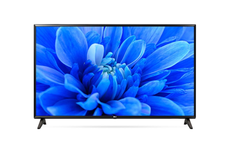 Tampak depan LG Full HD, 43LM dengan dengan gambar bunga warna biru Re:New Program di layar