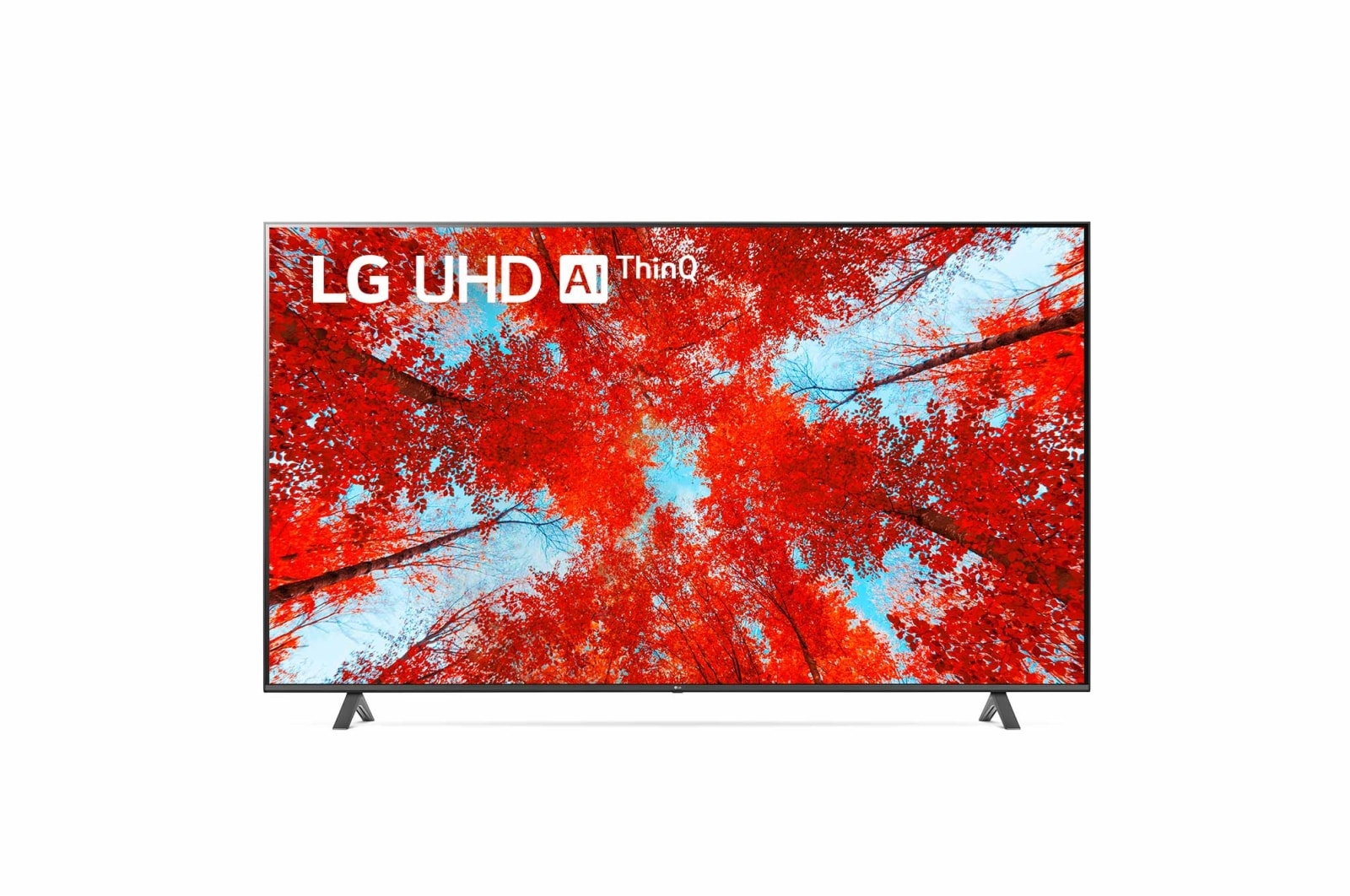 Tampak depan LG UHD TV dengan gambar sisipan dan logo produk menyala