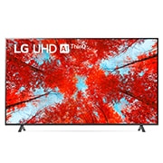 Tampak depan LG UHD TV dengan gambar sisipan dan logo produk menyala